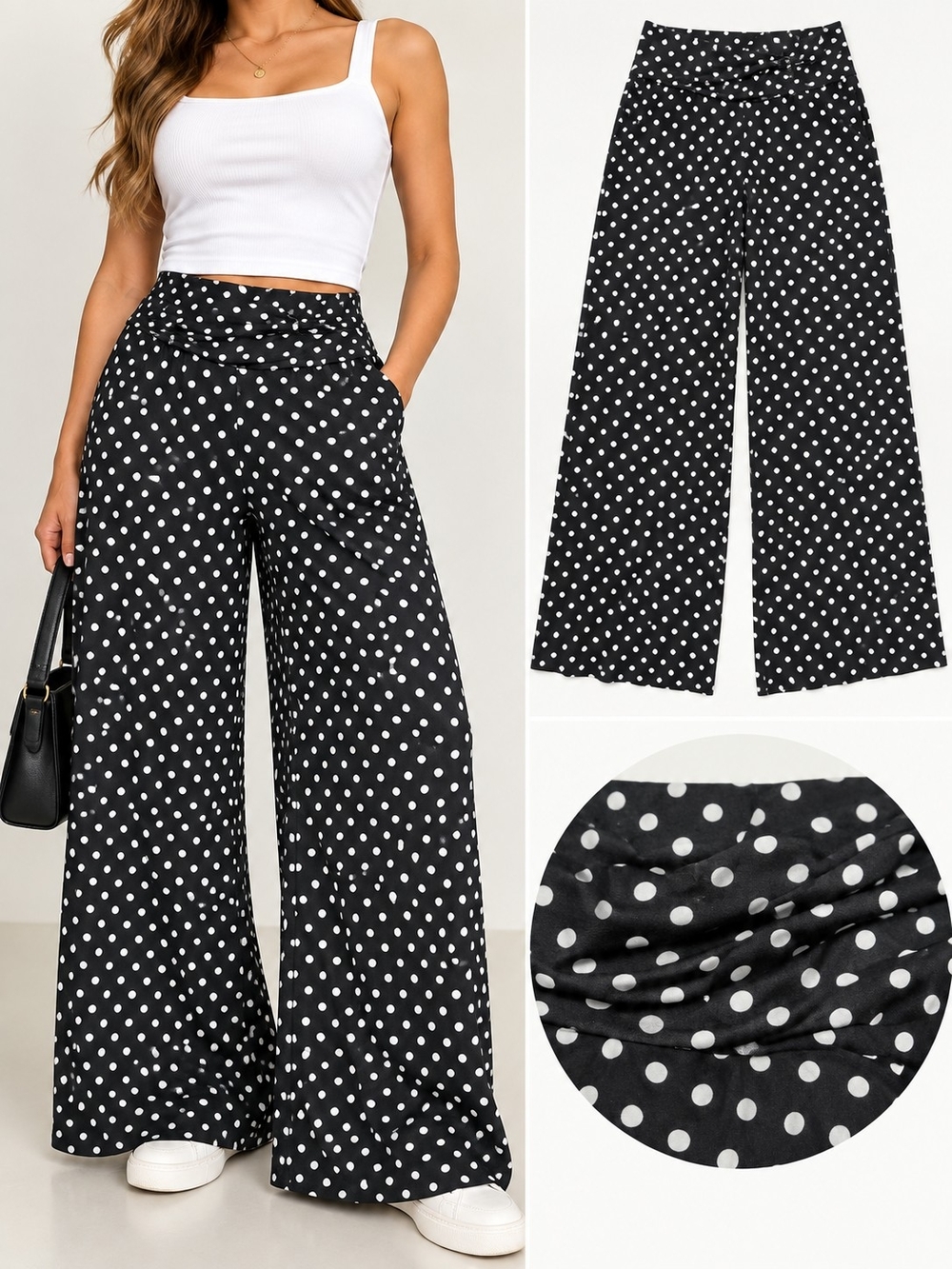 A'roha Polka Dot Wide Leg Pants in Black & White Size Large
